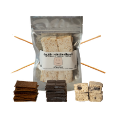 Load image into Gallery viewer, DIY S&#39;Mores Kit includes Choice of 6-Pack marshmallow flavor, 12 homemade graham crackers, 3 bars of chocolate, 6 bamboo roasting skewers, Makes 6 individual s&#39;mores