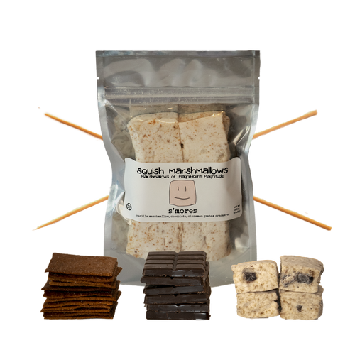 DIY S'Mores Kit includes Choice of 6-Pack marshmallow flavor, 12 homemade graham crackers, 3 bars of chocolate, 6 bamboo roasting skewers, Makes 6 individual s'mores