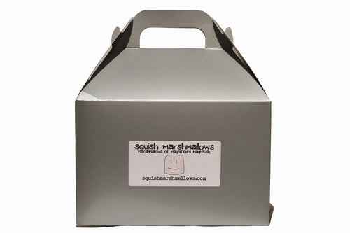 Silver gable box with the Squish Marshmallows logo label on the front