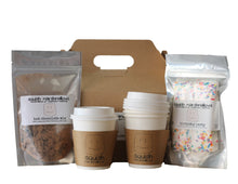 Load image into Gallery viewer, Display of items in the DIY hot chocolate kit. Includes one packet of hot chocolate mix, one package of marshmallows, gift box, and 4 small to-go cups