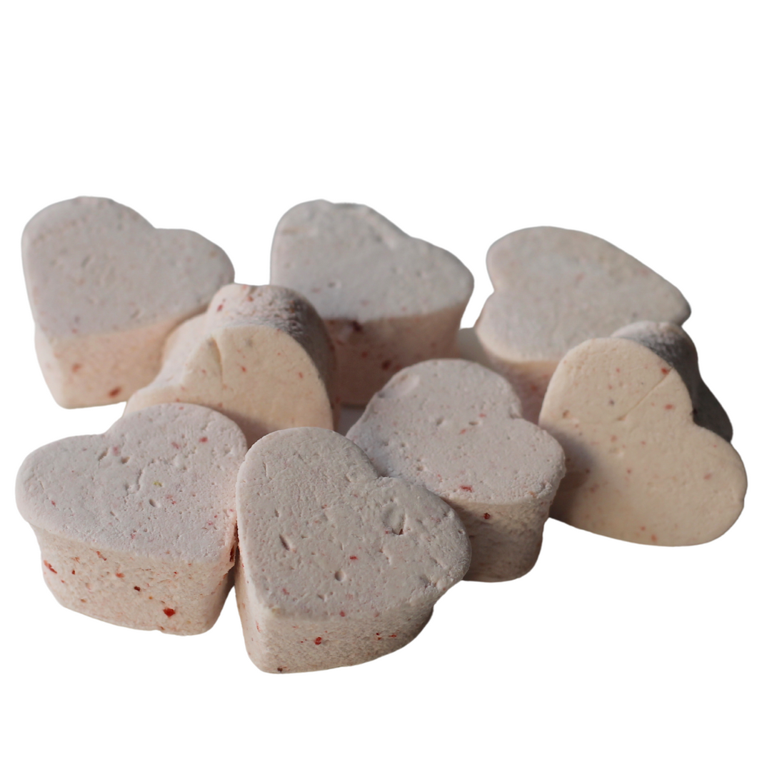 small strawberry marshmallows shaped like hearts