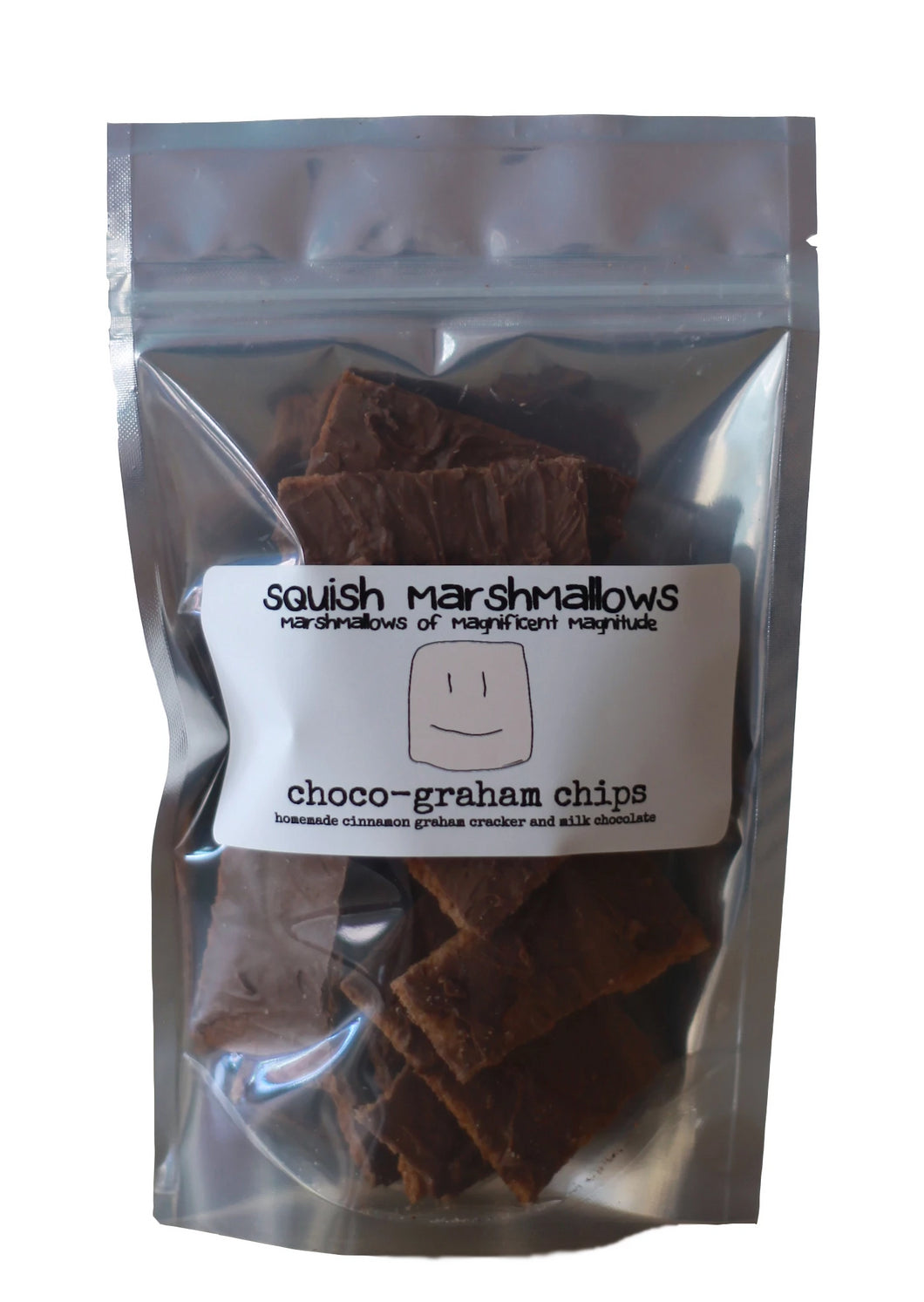Packaged bag of homemade graham cracker chips with milk chocolate coating