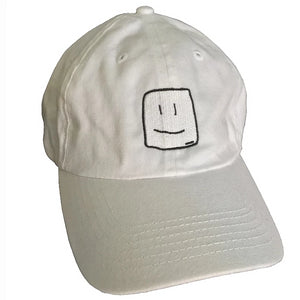 White baseball cap with black stitching of the Squish Marshmallows logo in front, and name in the back