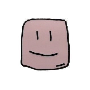 Small pin with the Squish Marshmallows image, a square shaped pink marshmallow face with a grin